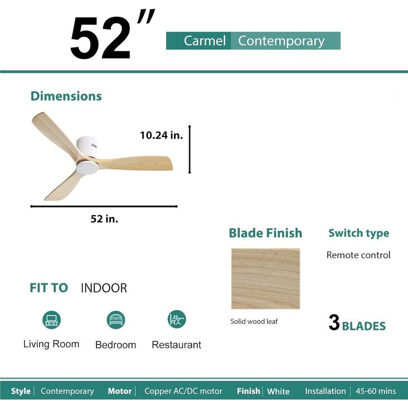 52 Inch Flush Mount Ceiling Fan 3 Solid Wood Fan Blade Noiseless Reversible DC Motor Smart Remote Control For Living Room