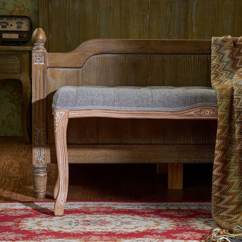 CO-Z Long French Vintage Upholstered Bench with Carved Wood Frame