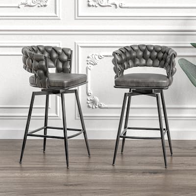 28 Inch Bar Stools Set of 2 Tan Leather Woven Black Legs Swivel Footrest