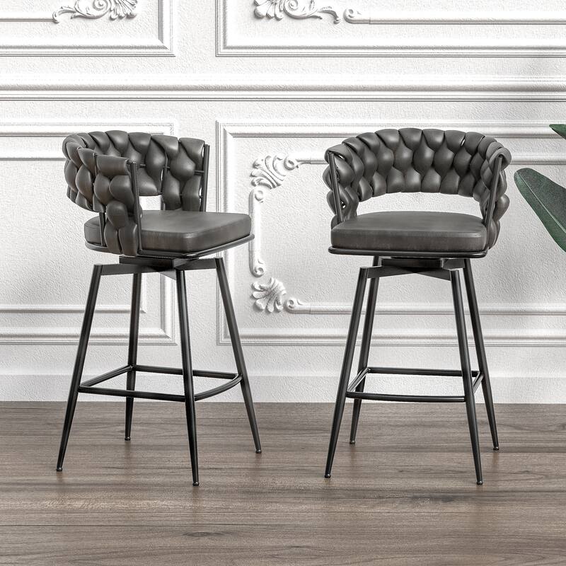 Woven Bar Stool Set of 2,No Adjustable Chairs,360 Swivel Bar Stools Upholstered Counter Stool Arm Chairs with Back Footrest