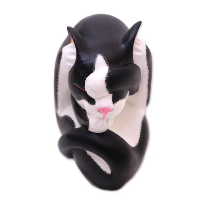 Novica Handmade Black And White Yogi Cat Wood Sculpture
