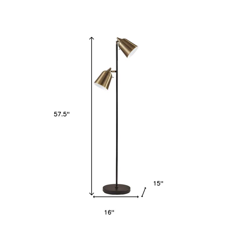 Black Metal Two Light Task Floor Lamp with Antiqued Brass Cone Shades Push Switch - 15” x 16” x 57.5” (D x W x H0
