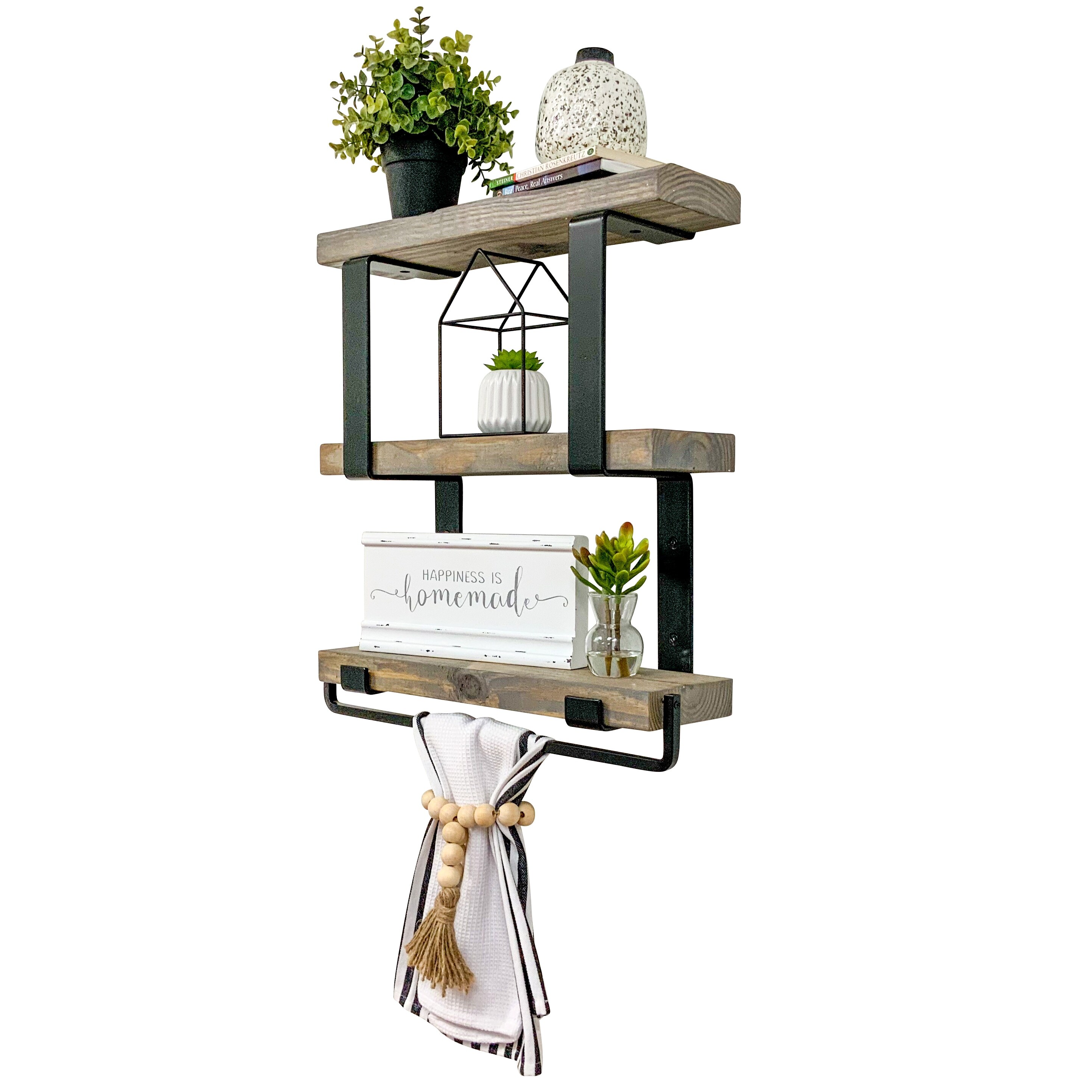 3 tier floating shop shelf with towel bar