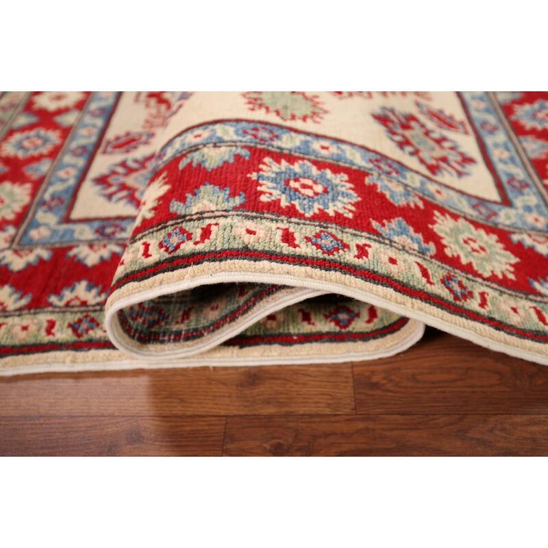 Ivory Geometric Kazak Oriental Accent Rug Handmade Wool Carpet - 3'3" x 5'0"