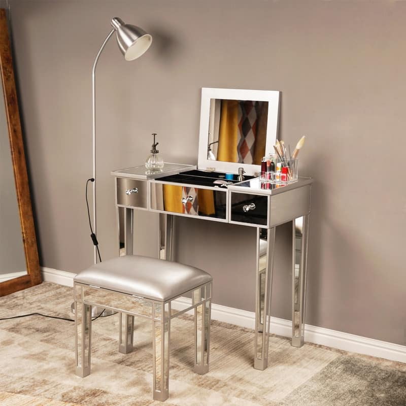 Mirrored Surface 1 Drawer Flip-up Desktop Writing Desk Vanity Desk Silver - Silver