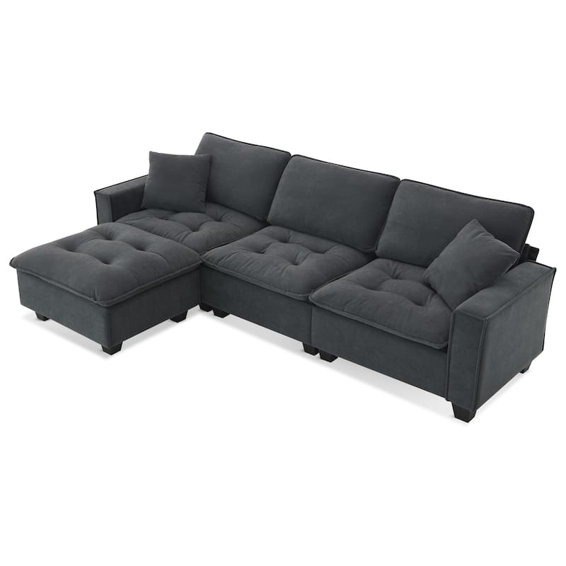 100" L-Shaped Suede Sectional Sofa with Ottoman and Pillows, 4-Seater Sleeper