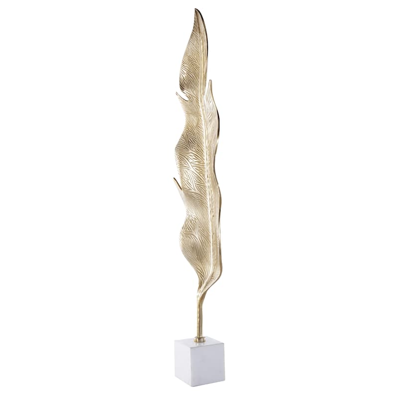 Aluminum Metal Leaf Tall Textured Decorative Sculpture with White Marble Base - Gold - Roche River Decor