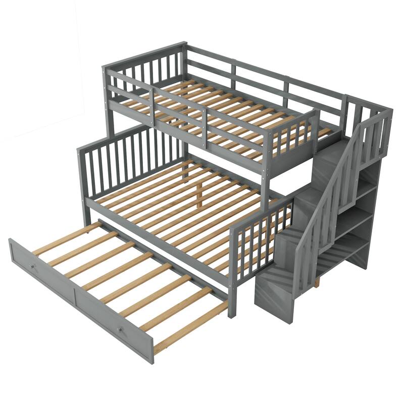Twin-Over-Full Bunk Bed with Twin size Trundle,Storage and Guard Rail