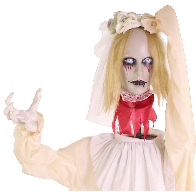 Haunted Hill Farm Poppy the Animatronic Zombie Bride with Pop-Up Head and Light-Up Eyes for Scary Halloween Decoration