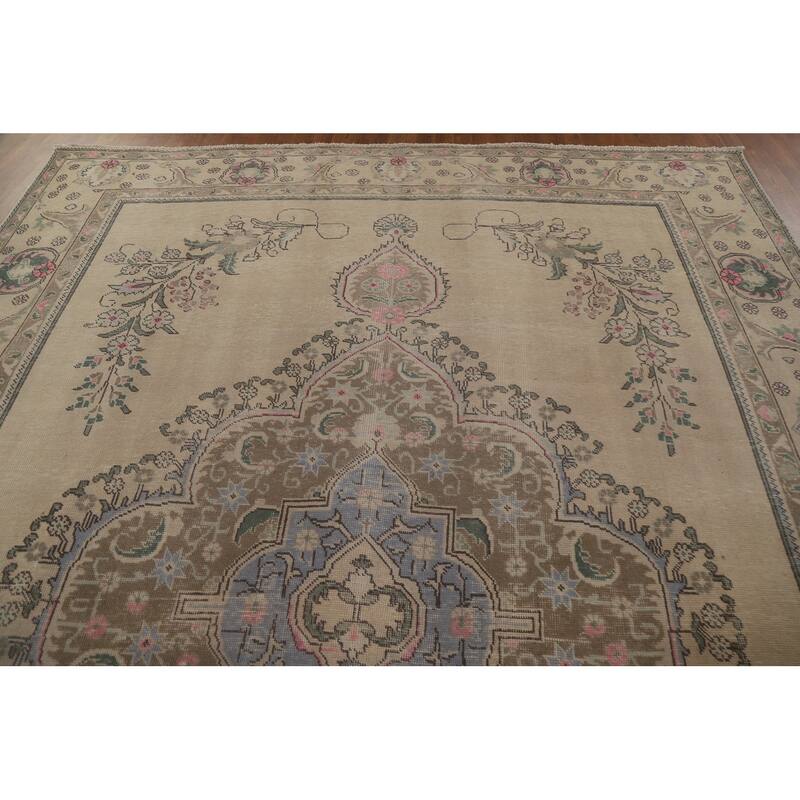 Distressed Geometric Tabriz Persian Rug Hand-knotted Wool Carpet - 9'8" x 12'11"