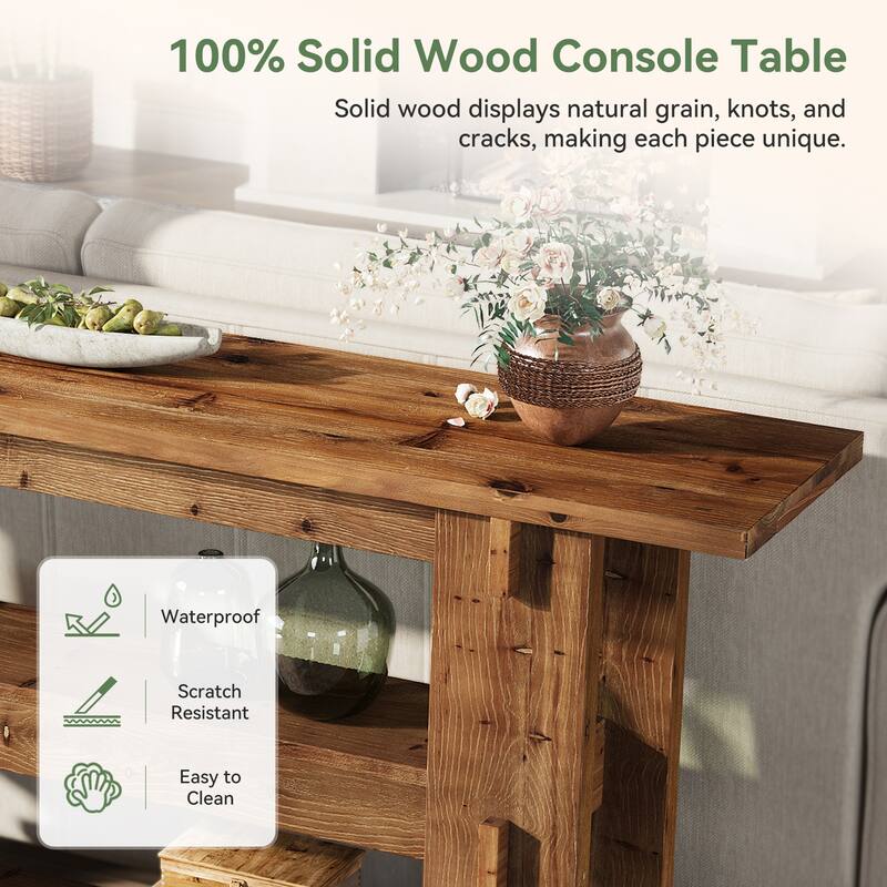63-Inch Solid Wood Console Table for Entryway, 3-Tier Sofa Table Behind Couch - 11.81" D x 62.99" W x 31.5" H