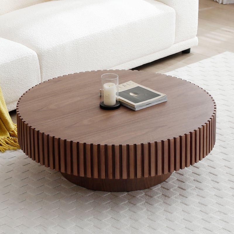 Modern Natural Black Round Coffee Table with Sturdy Pedestal No Assembled - 35.43" - Walnut-Medium