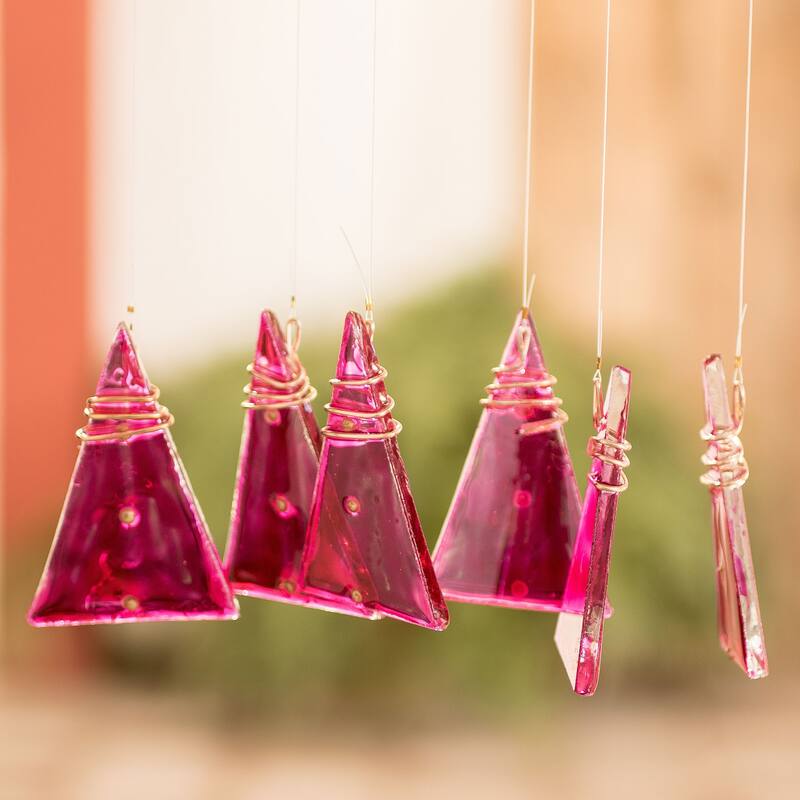 Novica Handmade Pink Peaks Recycled Glass Windchime