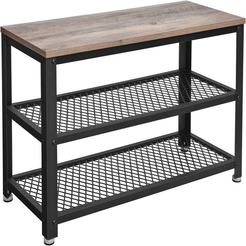 Shelf Storage Bench with Metal Mesh Shelves and Seat Free Standing - 11.8"D x 28.7"W x 17.7"H - Grey