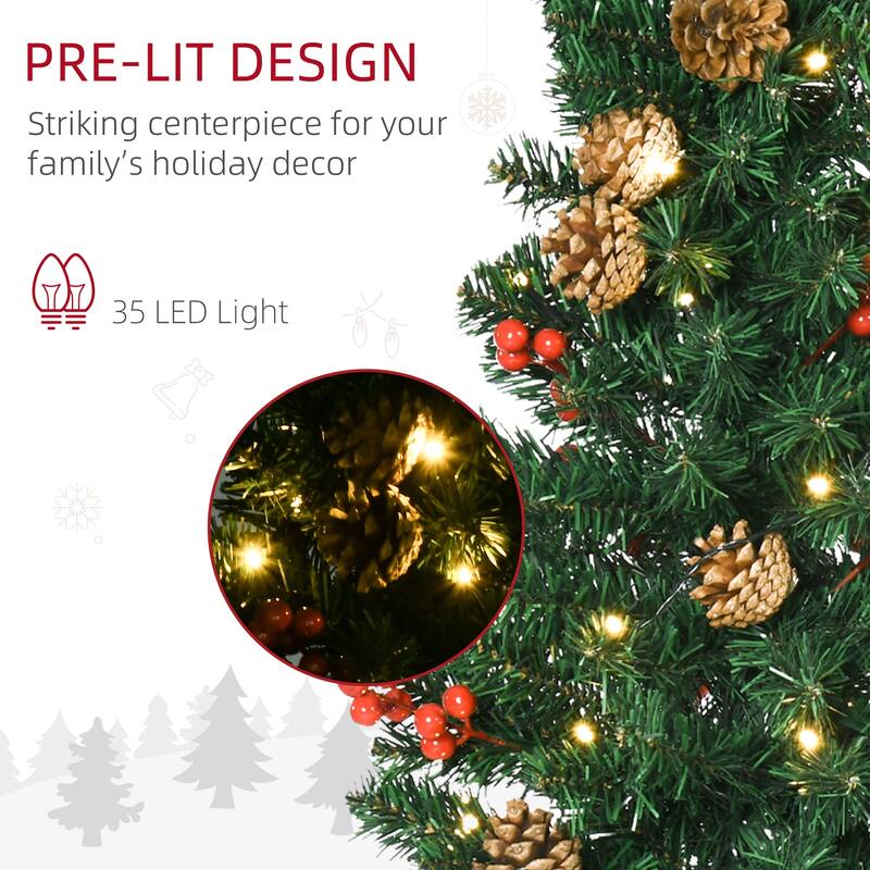 Complete Holiday Set, 2 Entrance Trees, Garland, and Wreath with LED Lights, Berries and Pine Cones for Home Holiday Decor