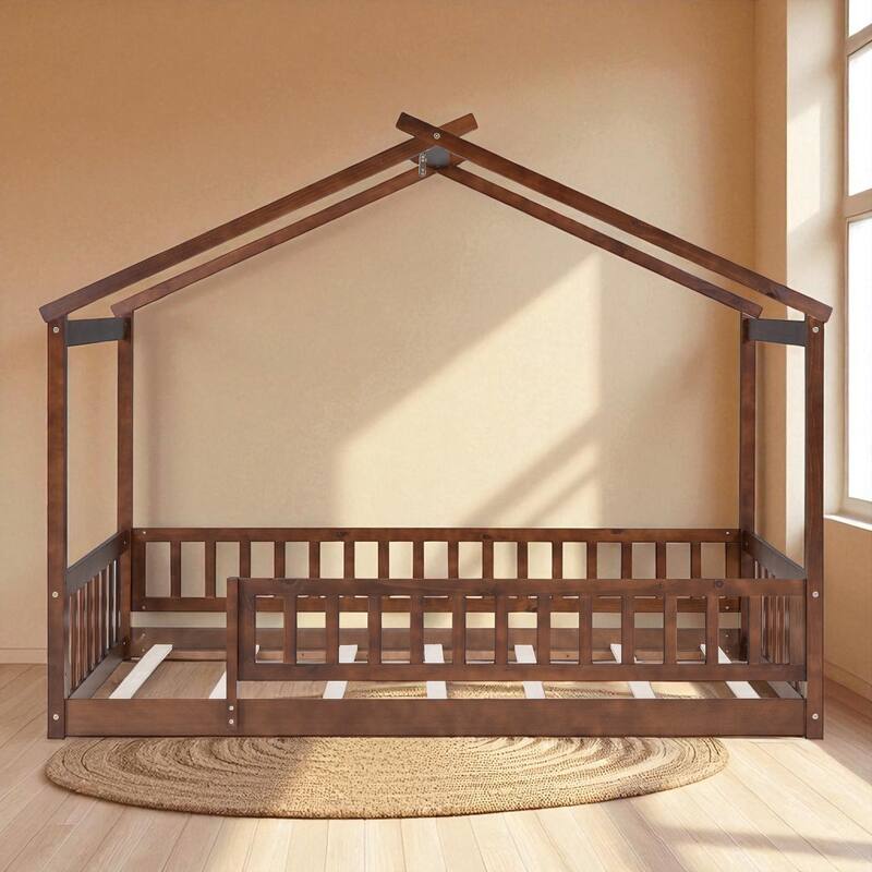 Twin/Full Size Wooden House Bed Frame with Fence and Roof, Playhouse Style for Kids and Teens - Walnut - Twin
