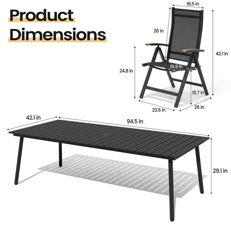 11PC Outdoor Patio Dining Set Aluminum Umbrella Hole Table with Folding Chairs