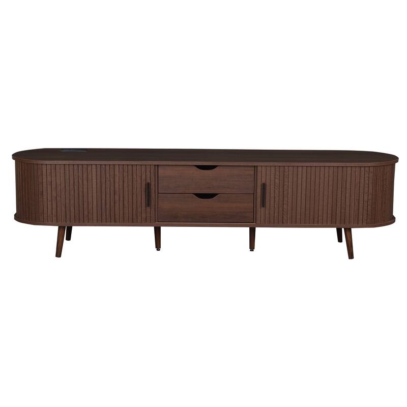 Mid Century Modern TV Stand for TVs up to 80 Inch, Sliding Barn Door TV Cabinet Media Console Table with Outlets and USB Ports