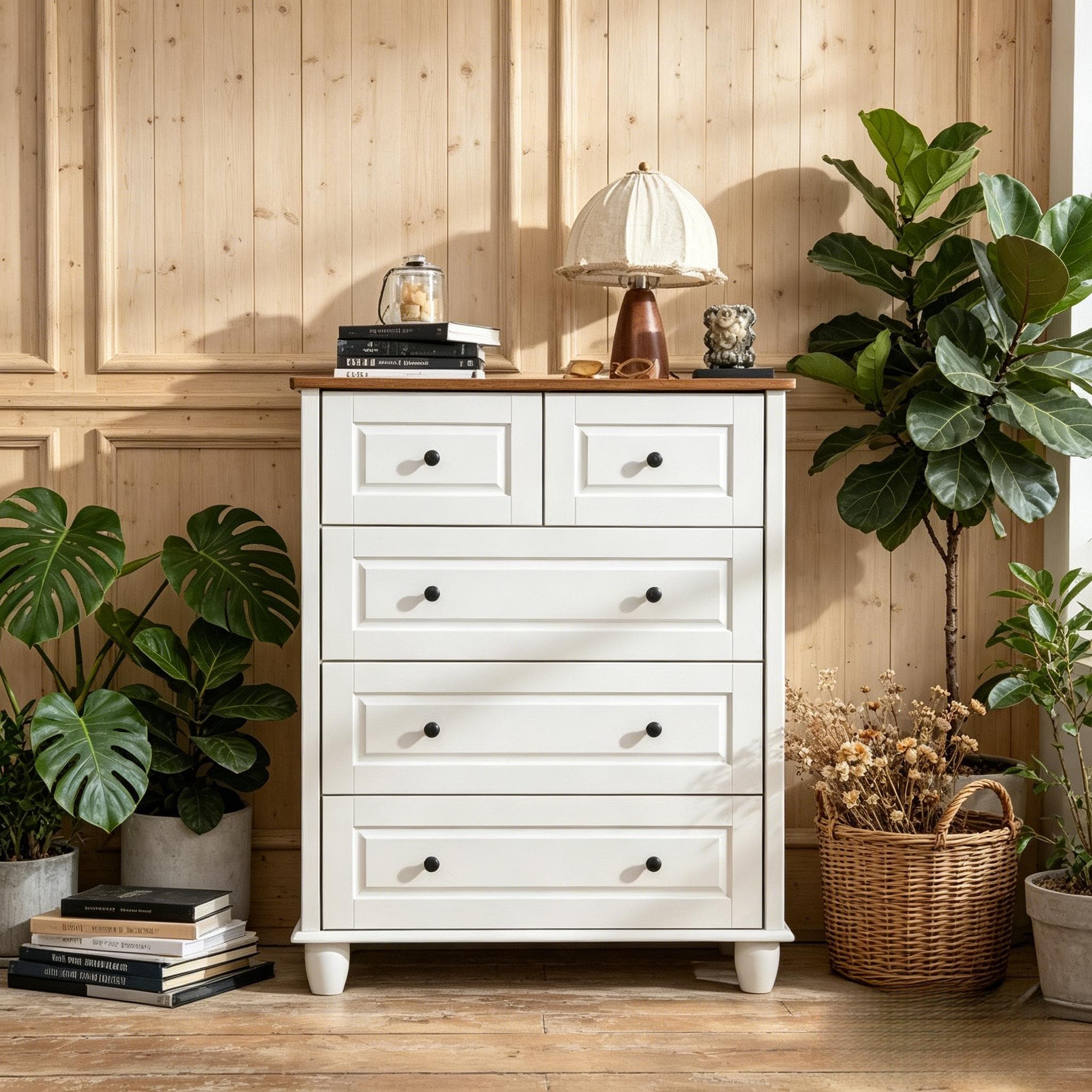 GDFStudio - Jennie White Dresser with 5 Drawers & Wood Storage Cabinet for Living Room, Hallway, Office