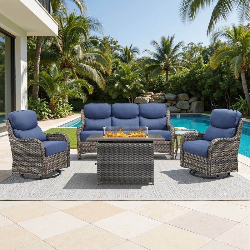 Meyreso 5-Piece Outdoor Patio Wicker Fire Pit Conversation Set with 5-Inch Thick Olefin Cushions