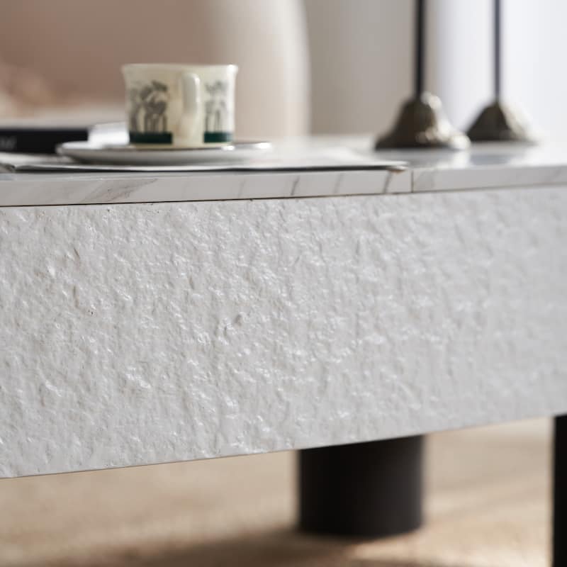 Oval Coffee Table with Faux Marble Tabletop, Mid Century Modern Coffee Table with Hidden Drawer and Storage Space