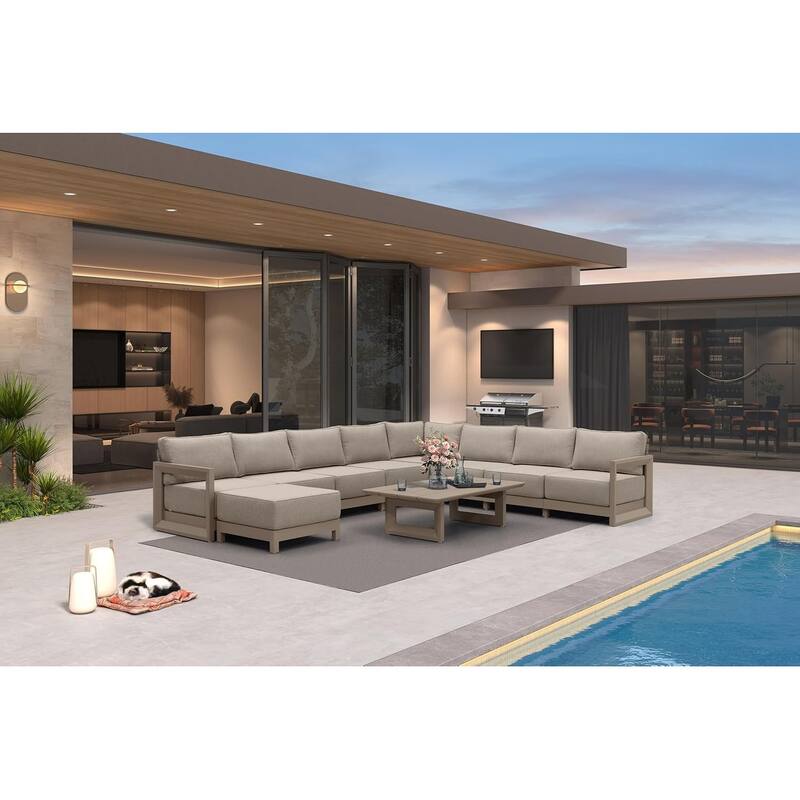 PURPLE LEAF Caesar Sectionals Sofas Khaki with 9.6" Thick Cushion and Table for Living Room Furniture Patio Conversation Sets - 8 Seats+1 Ottoman+1 Table - Reversible