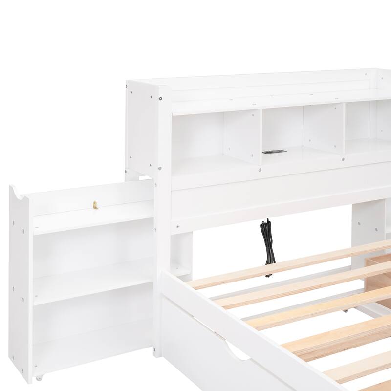 White Wood Platform Bed frame, Full Size Storage Bed with Shelves and 2 Drawers, Pull Out Trundle for Adults, Teens