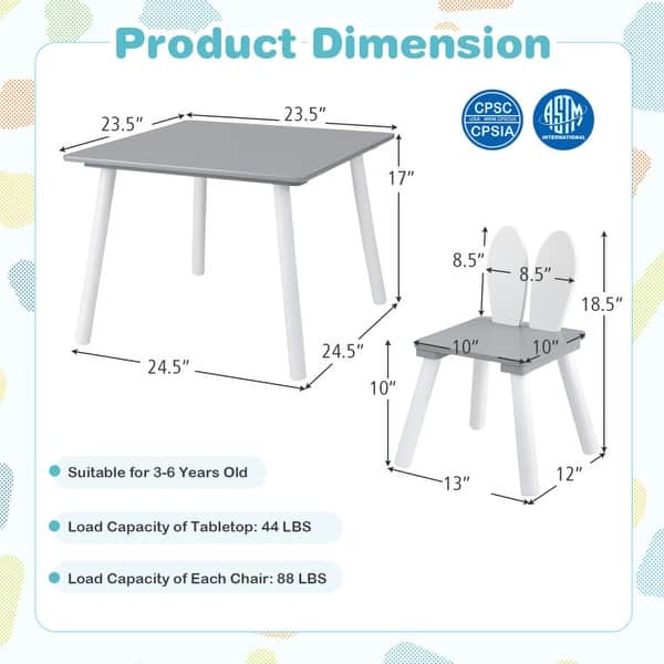dimension image slide 0 of 3, 3 Pieces Kids Table and Chairs Set for Arts Crafts Snack Time - 24.5" x 24.5" x 17"