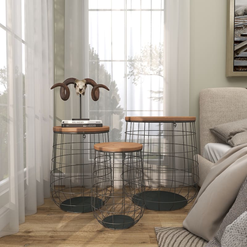 Brown Metal Decorative and Functional Storage Basket with Wood Lids (Set of 3)