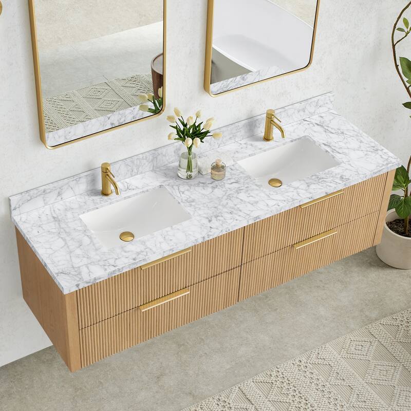 Zevio Natural Marble Vanity Top in Carrara White with Ceramic Sink - 73"W x 22"D - Carrara White