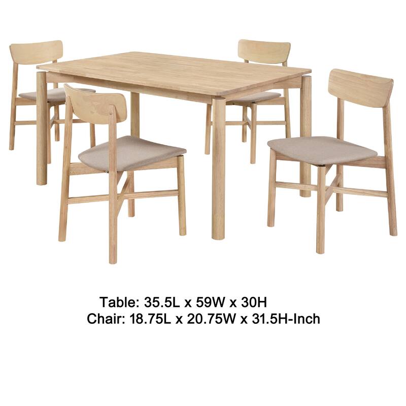 Rida 5pc Dining Table Set w 4 Tan Brown Upholstered Chairs, White Washed