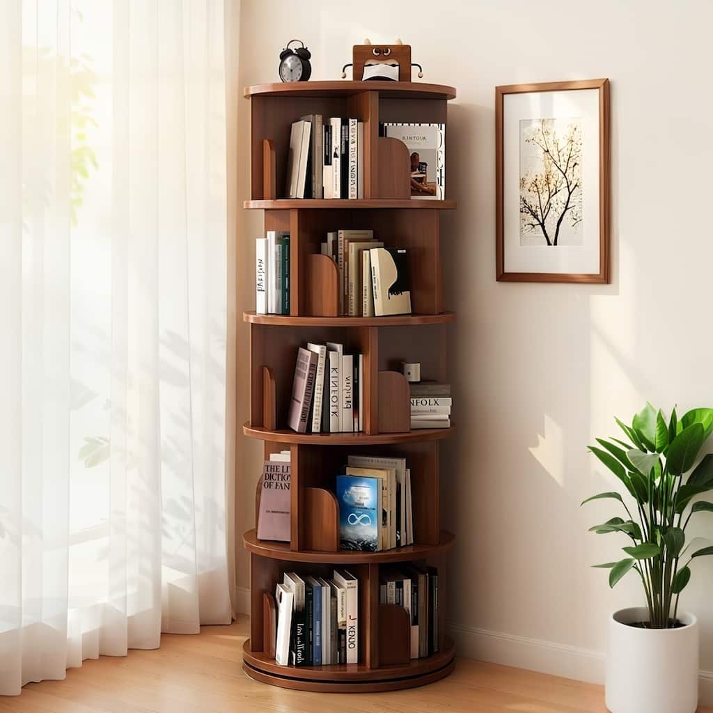 5 Tier Rotating Bookshelf, 360°Display Round Spinning Bookshelf, Space-Saving, Small Space Rotating Bookshelf Tower