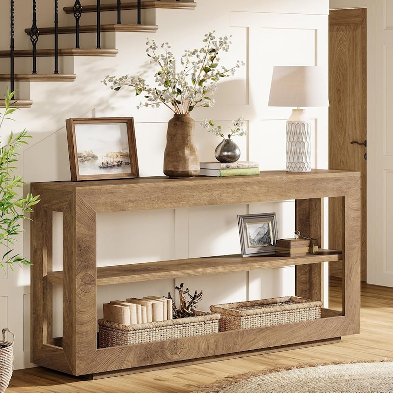 63" Console Table with 3-Tier Storage Shelf for Entryway, Hallway, Living Room - Brown