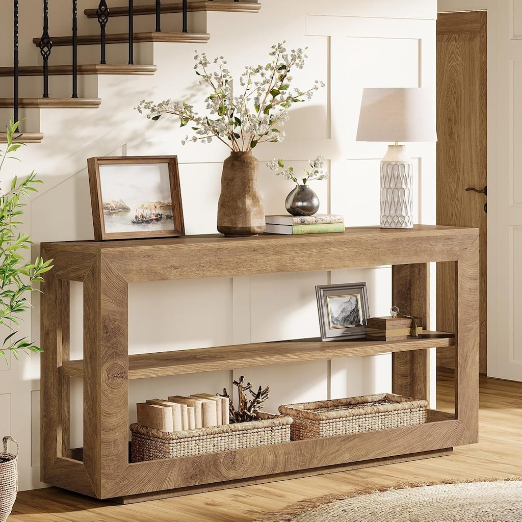 63" Farmhouse Wood Console Entryway Hallway Table with 3 Storage Shelf - 63" W x 13.8" D x 33.5" H