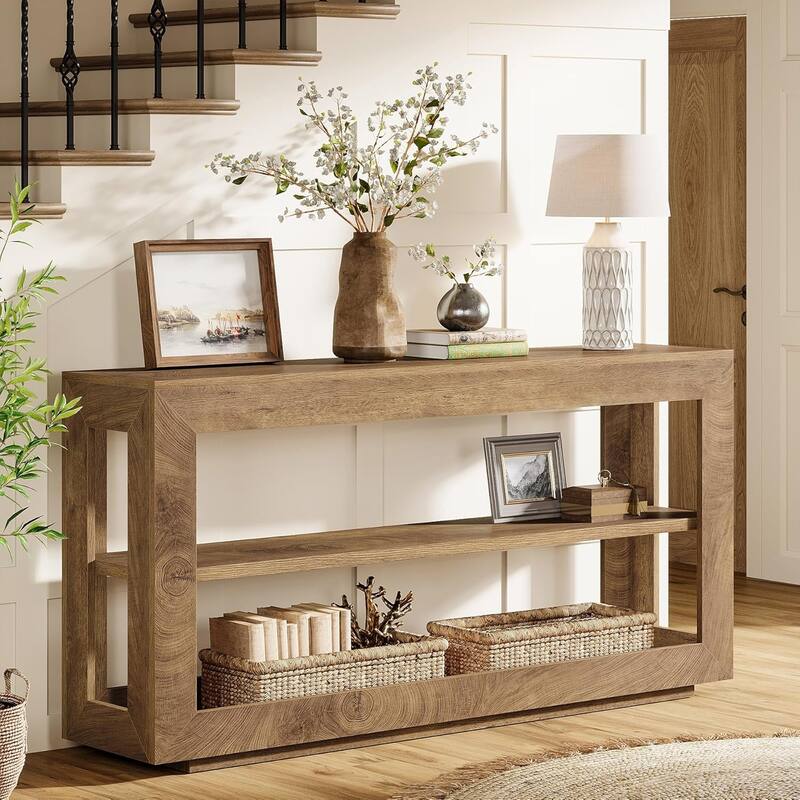 63" Farmhouse Wood Console Table with 3-Tier Storage Shelf for Entryway Hallway, Living Room