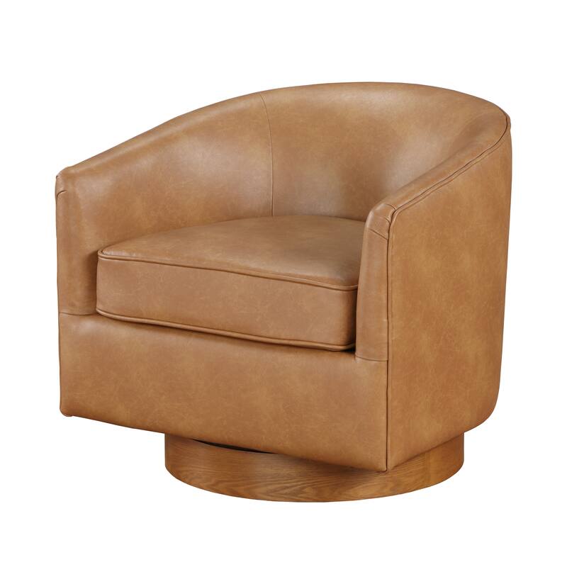 Maisy Faux Leather Wood Base Barrell Swivel Chair For Living Room
