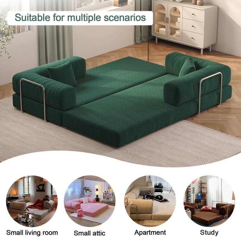 Modular Convertible Sleeper Sofa Bed, Corduroy Fabric Compression Sofa, Floor-Standing Sofa Bed with Armrests & Backrest