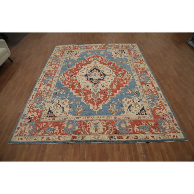 Hand Knotted Oriental 100% Wool Carpet Traditional Medallion Navy Blue & Blues Heriz (serapi) Area Rug - 11' 11'' X 9' 3''