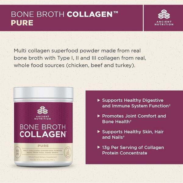 Ancient Nutrition Bone Broth Collagen Pure 30 Servings Superfood Type I Ii Iii Collagen Paleo Friendly Overstock 16057772