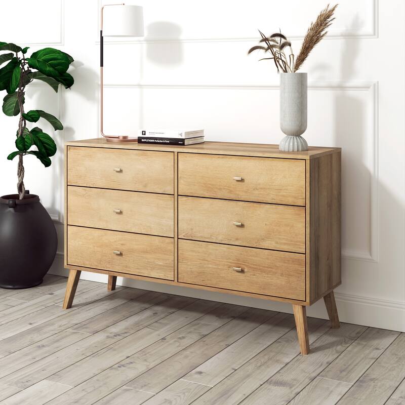 Prepac Milo 52.5" W Dresser, Natural Oak Dresser for Bedroom, Chest of Drawers with 6 Drawers
