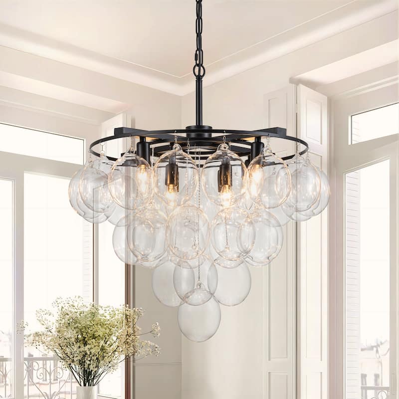 Starsky 8 - Light 23in. Modern Glam Cluster Glass Bubble Chandelier with 28 Clear Glass Globe Bubble - Clear Bubble - Black