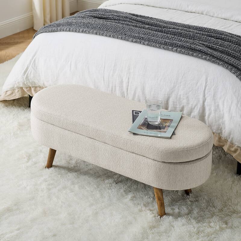 Modern Oval Storage Ottoman, Storage Bench w/Rubber Wood Legs