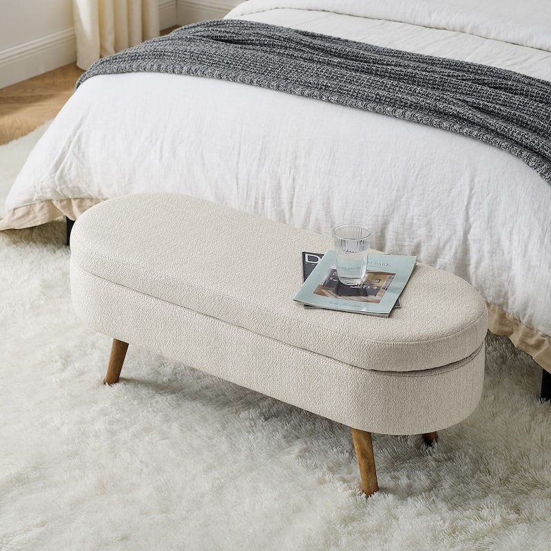 Ottoman Oval Storage Bench,Rubber Wood Legs, Beige