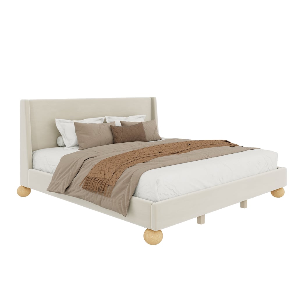 King Size Velvet Upholstered Platform Bed with Wingback Headboard Round Wooden Legs, Cream Low-Profile Bed Frame, Support Legs