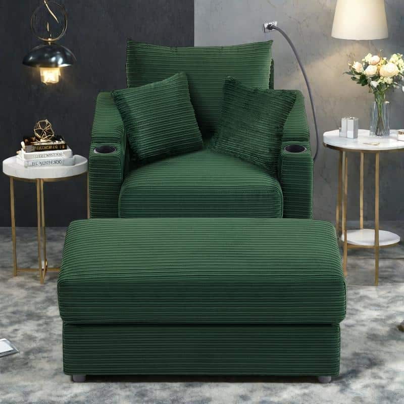 Corduroy armchair with footrest, USB charging and storage space, 250 lbs weight capacity