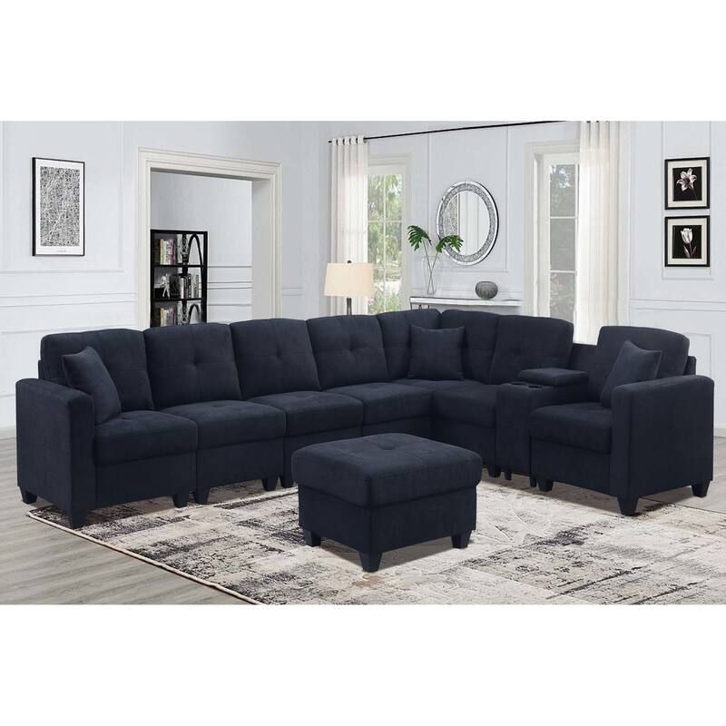Dark Blue Velvet 7-Seat Sectional Sofa 127 Inch Plush Microfiber Solid Wood Frame