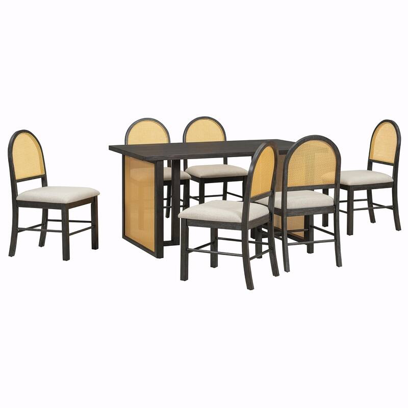7-Piece Farmhouse Dining Table Set for 6 - 59.8" Rectangular Table with Distressed Oak Veneer & 6 Rattan Chairs
