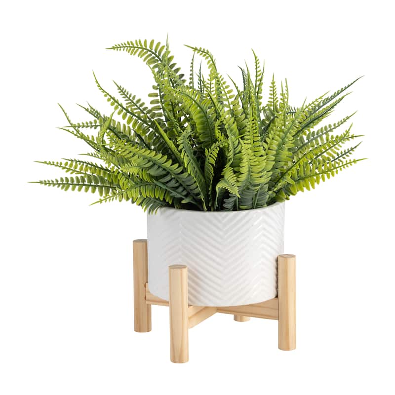 Ceramic Planter Trendy White Planter Elevated on Wooden Stand with Chevron Design For Indoor or Outdoor Plants