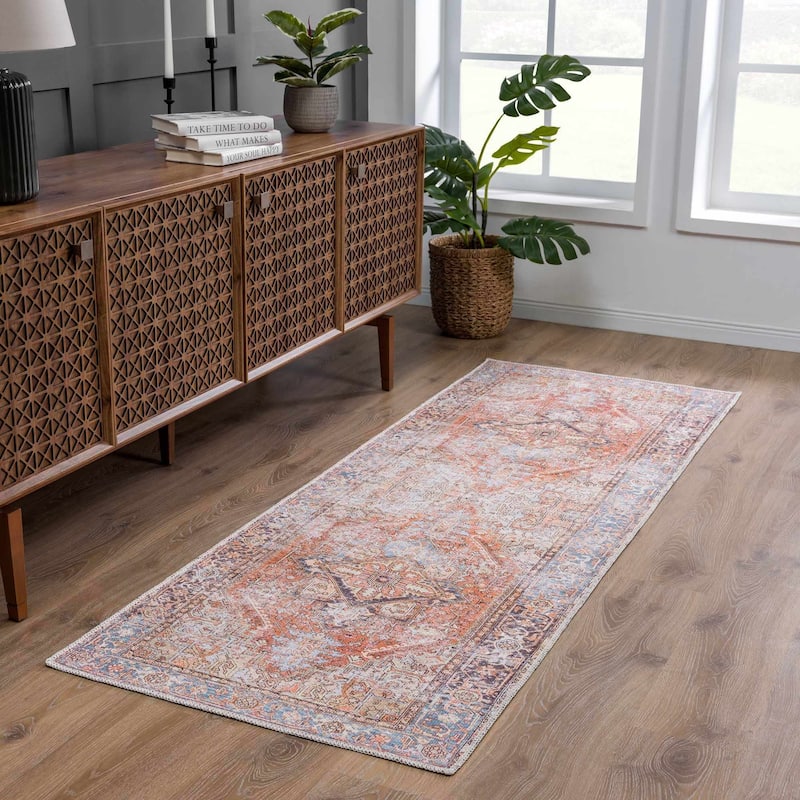 Hauteloom Georgia Machine Washable Persian Oriental Traditional Area Rug - 2'7" x 7'3" - Light Blue, Charcoal, Orange, Red, Off White