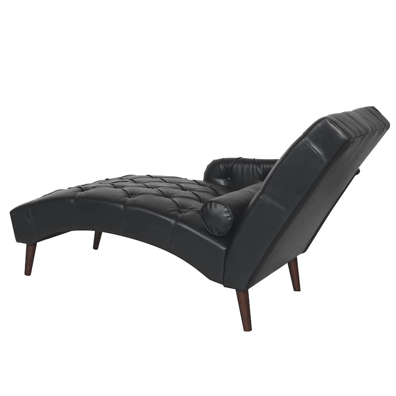 Faux Leather Chaise Lounge Chair with Pillow and Solid Wood Legs, Tufted Upholstered Accent Lounge Chair with Arm